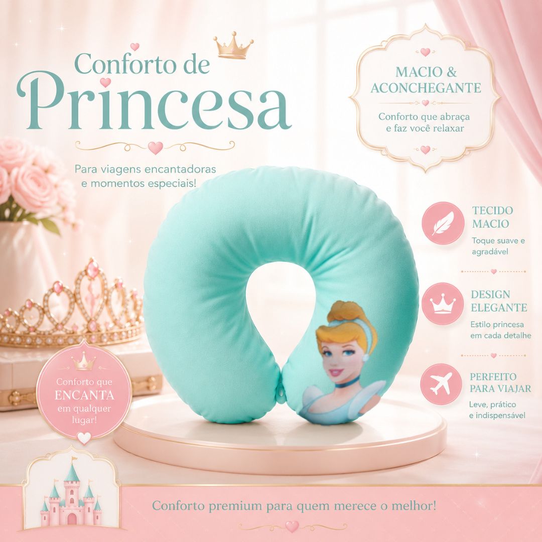 Almofada de Pescoço Infantil Princesa Cinderela em U Disney Menina Viagem Macio Confortável Presente Apoio - Imagem 2