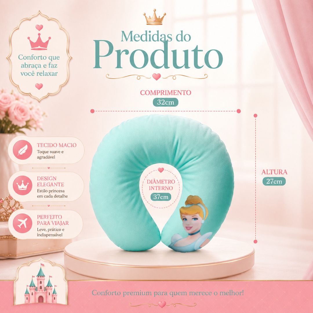 Almofada de Pescoço Infantil Princesa Cinderela em U Disney Menina Viagem Macio Confortável Presente Apoio - Imagem 5