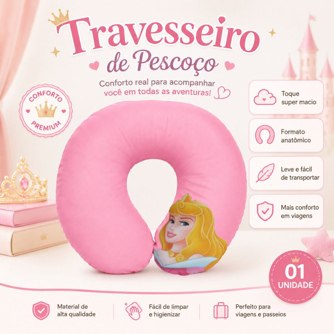 Almofada de Pescoço Infantil Princesa Aurora em U Disney Menina Viagem Macio Confortável Presente Apoio - Imagem 2