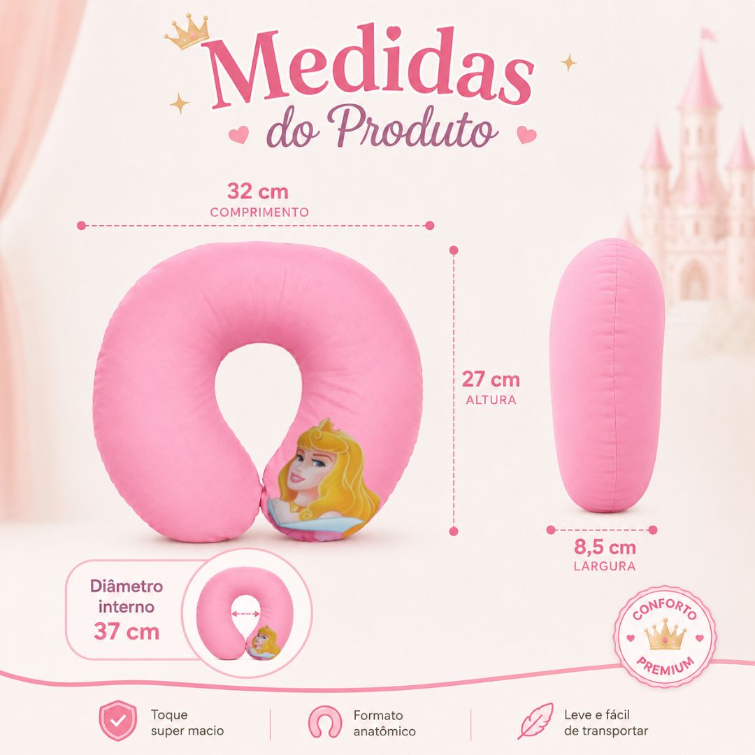 Almofada de Pescoço Infantil Princesa Aurora em U Disney Menina Viagem Macio Confortável Presente Apoio - Imagem 6