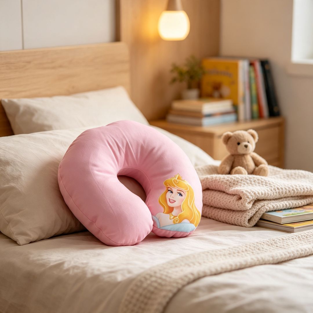 Almofada de Pescoço Infantil Princesa Aurora em U Disney Menina Viagem Macio Confortável Presente Apoio - Imagem 3