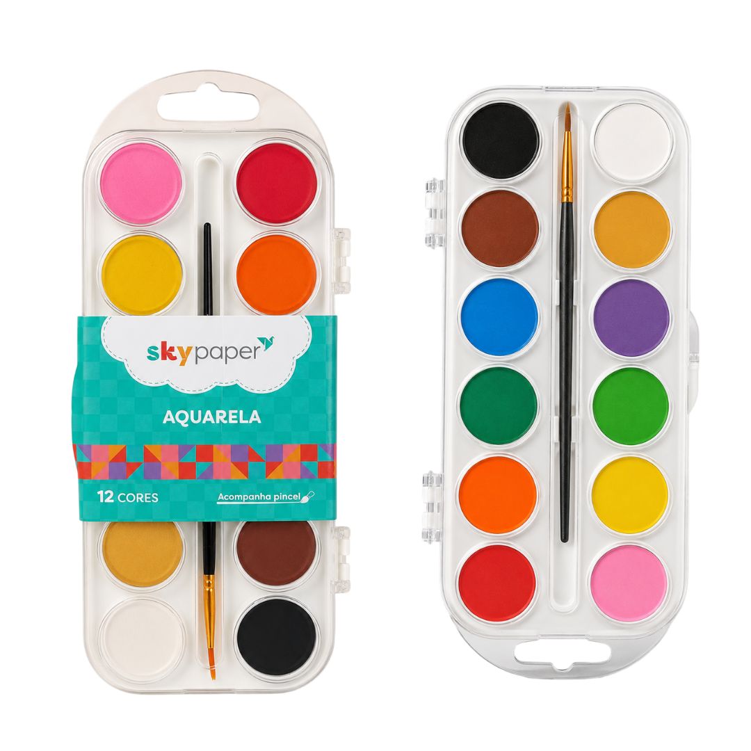 Aquarela 12 Cores Tradicional Escolar Pintar Tinta Colorir Desenhar Infantil Pintura Artes Pincel Volta Aulas