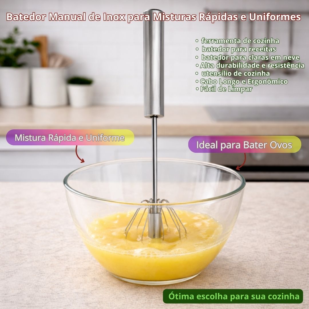 Batedor de Claras Com Fricção Aço Inox Cabo Longo Resistente Culinária Profissional Cozinha - Imagem 2