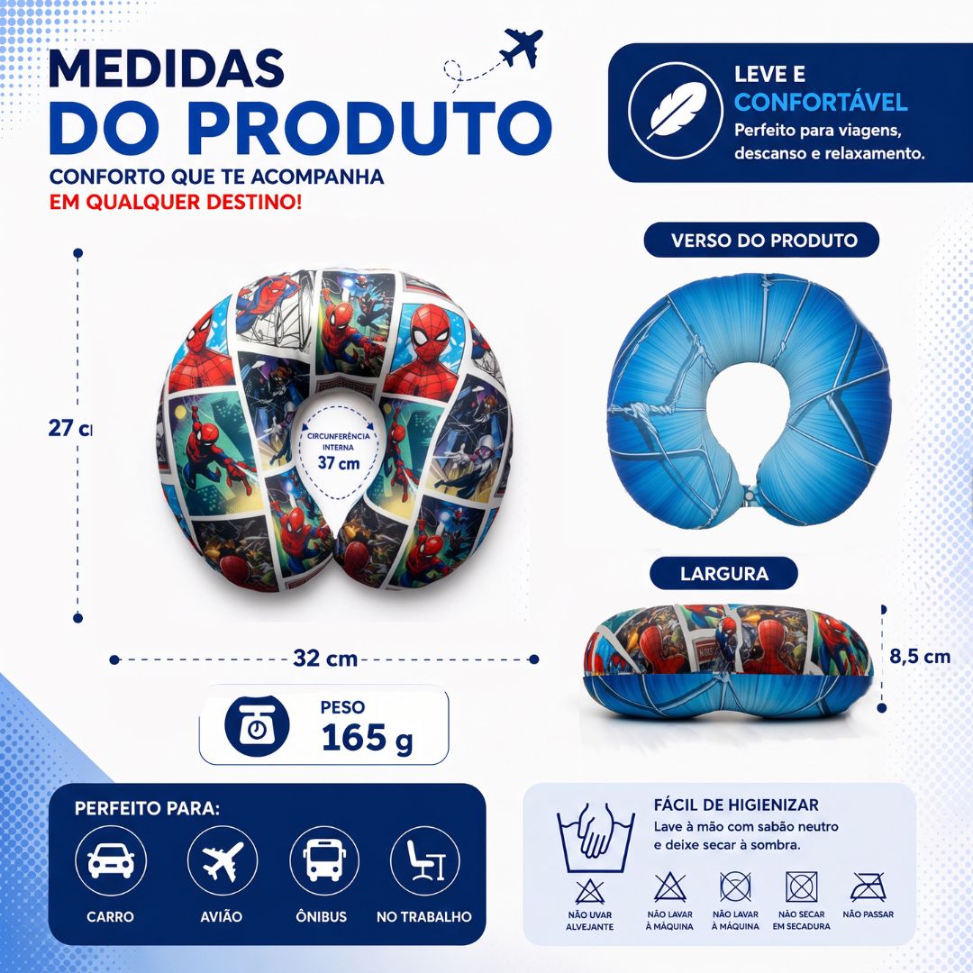 Almofada de Pescoço Infantil Homem Aranha em U Spider Man Marvel Viagem Macio Confortável Presente Apoio - Imagem 5