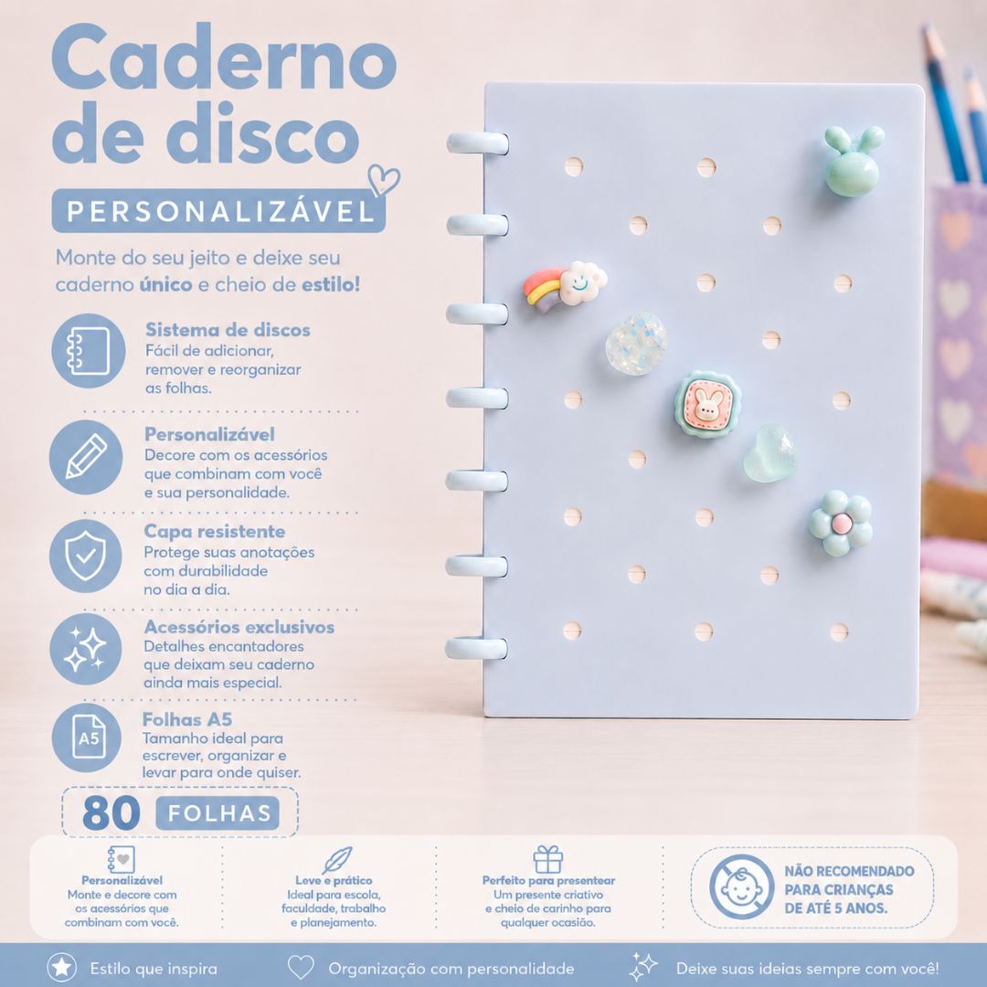 Caderno de Disco Inteligente Azul A5 80 Folhas C/ Pins Escolar Volta Aulas Estudos Anotações Fofo Refilável Organização - Imagem 2