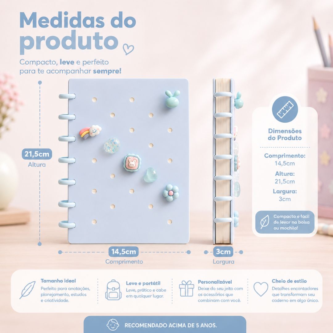 Caderno de Disco Inteligente Azul A5 80 Folhas C/ Pins Escolar Volta Aulas Estudos Anotações Fofo Refilável Organização - Imagem 5