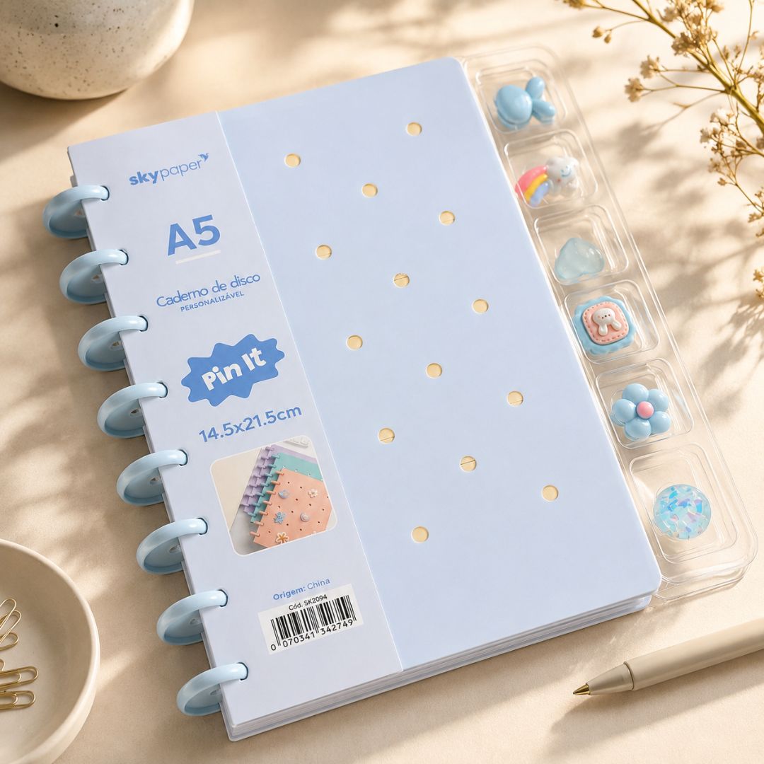Caderno de Disco Inteligente Azul A5 80 Folhas C/ Pins Escolar Volta Aulas Estudos Anotações Fofo Refilável Organização - Imagem 3