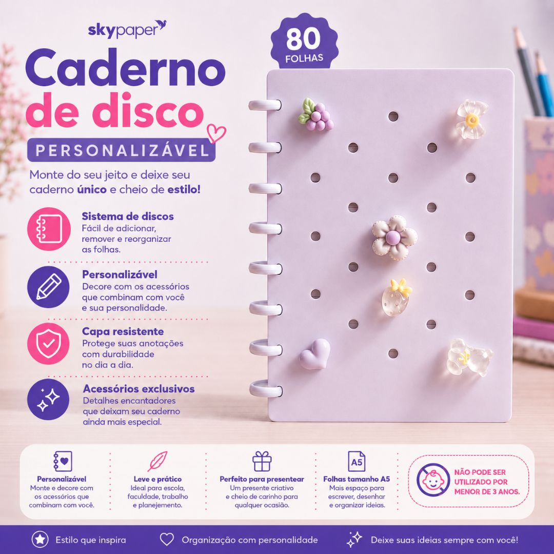 Caderno de Disco Inteligente Lilás A5 80 Folhas C/ Pins Escolar Volta Aulas Estudos Anotações Fofo Refilável Organização - Imagem 2