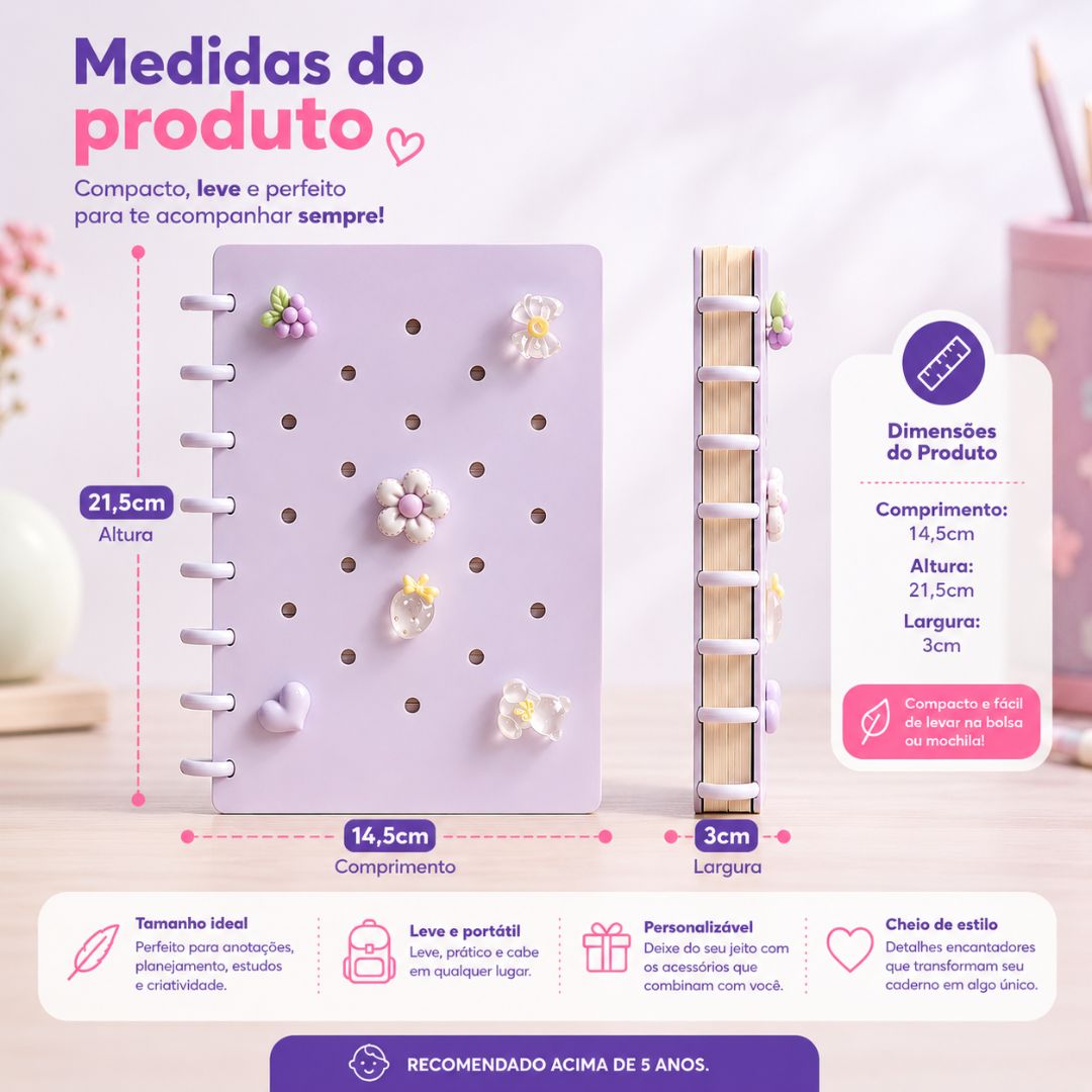 Caderno de Disco Inteligente Lilás A5 80 Folhas C/ Pins Escolar Volta Aulas Estudos Anotações Fofo Refilável Organização - Imagem 5