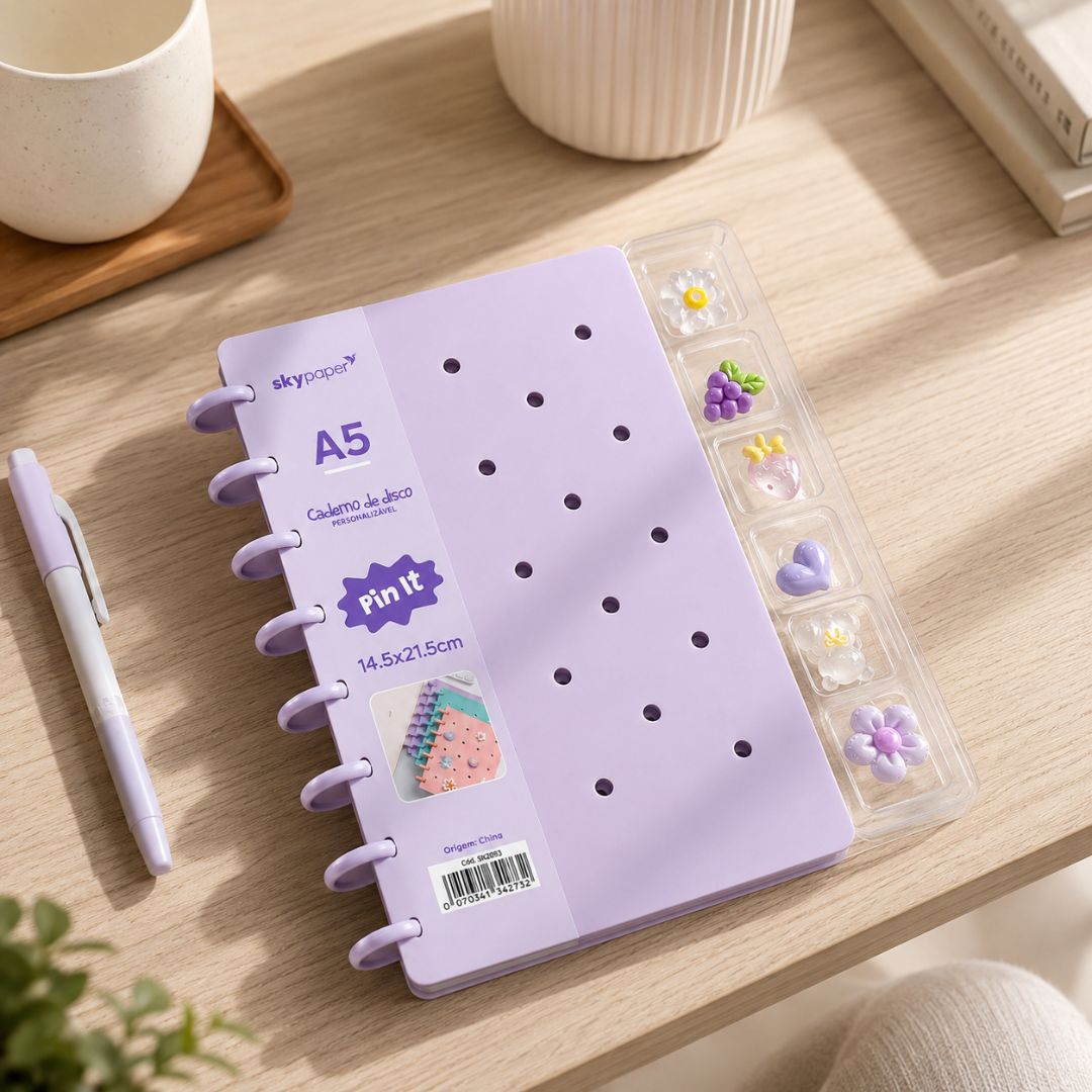 Caderno de Disco Inteligente Lilás A5 80 Folhas C/ Pins Escolar Volta Aulas Estudos Anotações Fofo Refilável Organização - Imagem 3