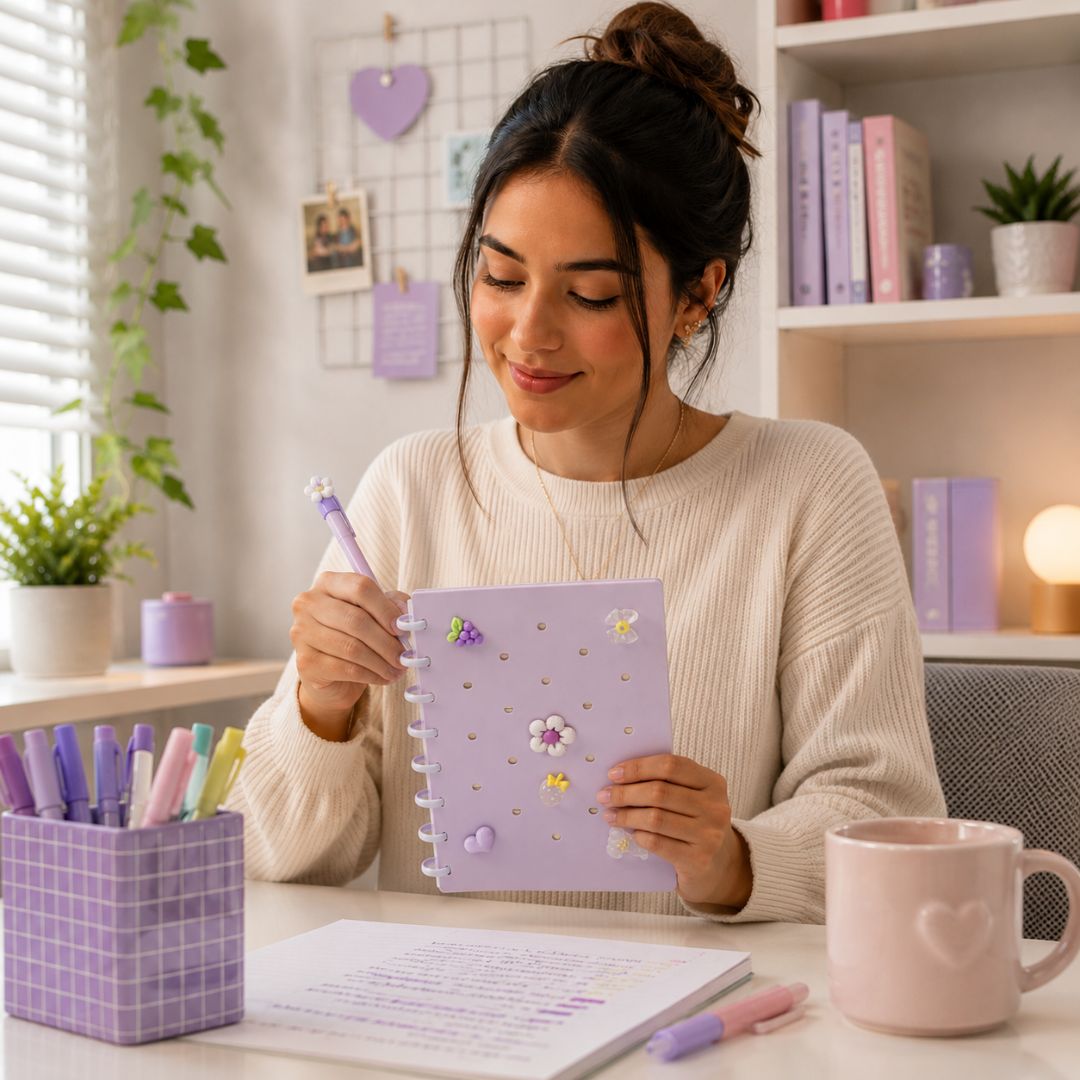 Caderno de Disco Inteligente Lilás A5 80 Folhas C/ Pins Escolar Volta Aulas Estudos Anotações Fofo Refilável Organização - Imagem 4