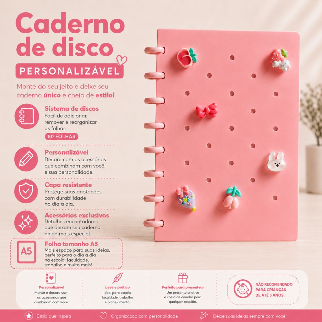 Caderno de Disco Inteligente Rosa A5 80 Folhas C/ Pins Escolar Volta Aulas Estudos Anotações Fofo Refilável Organização - Imagem 2