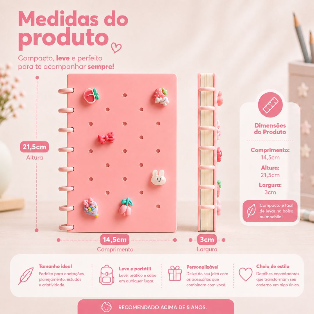 Caderno de Disco Inteligente Rosa A5 80 Folhas C/ Pins Escolar Volta Aulas Estudos Anotações Fofo Refilável Organização - Imagem 5