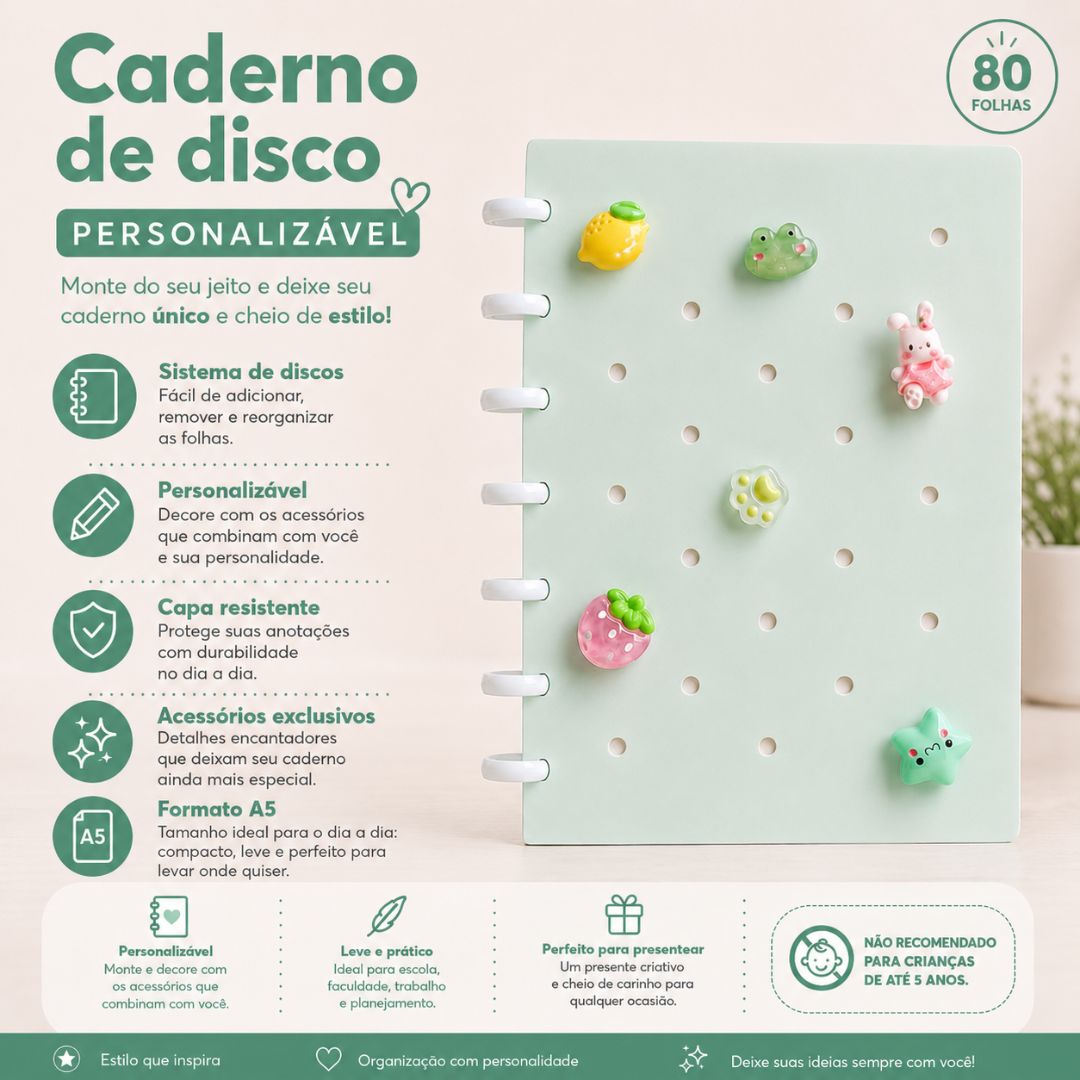 Caderno de Disco Inteligente Verde A5 80 Folhas C/ Pins Escolar Volta Aulas Estudos Anotações Fofo Refilável Organização - Imagem 2