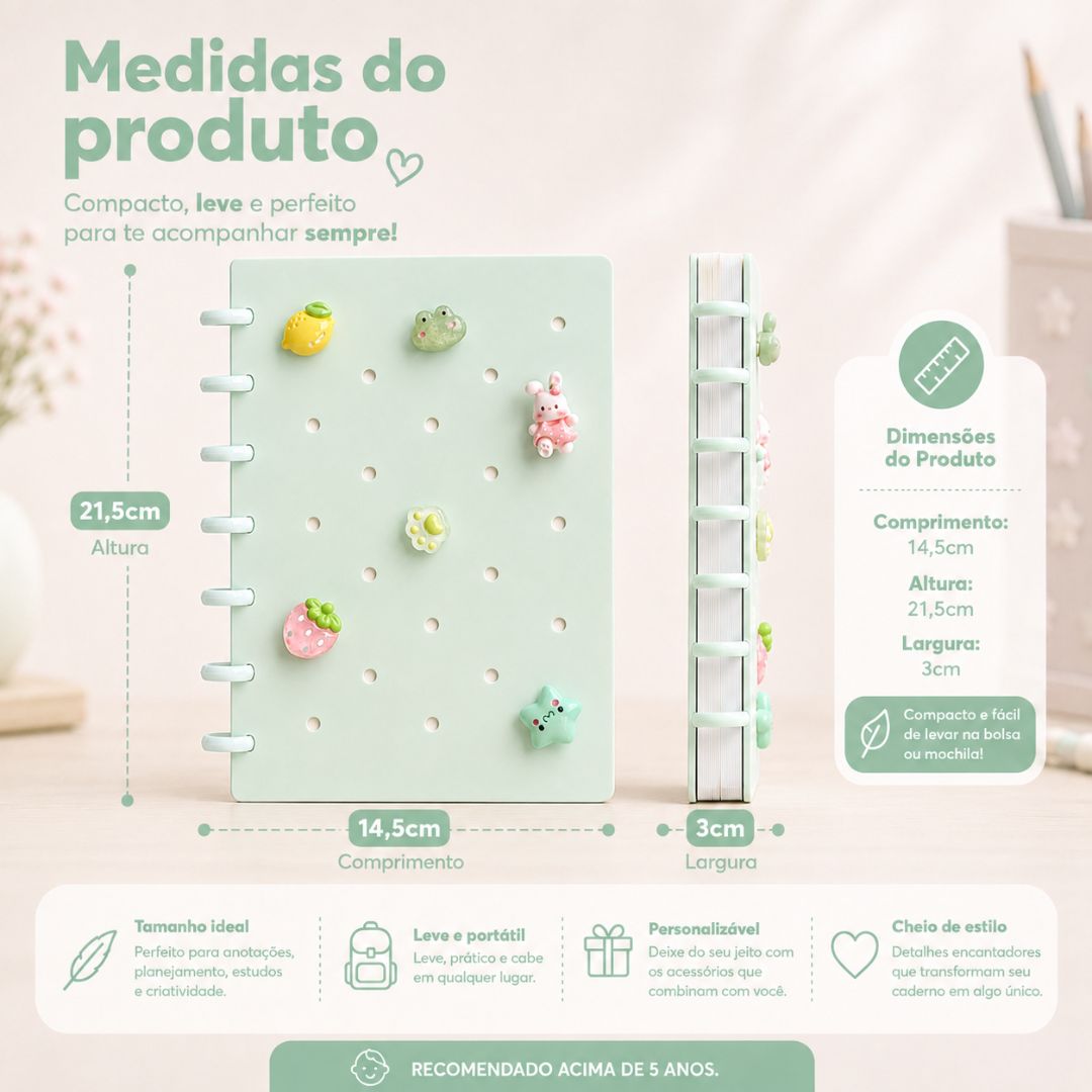 Caderno de Disco Inteligente Verde A5 80 Folhas C/ Pins Escolar Volta Aulas Estudos Anotações Fofo Refilável Organização - Imagem 5