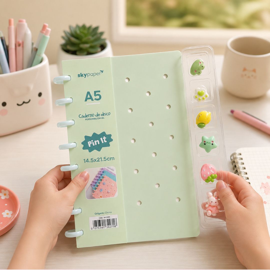 Caderno de Disco Inteligente Verde A5 80 Folhas C/ Pins Escolar Volta Aulas Estudos Anotações Fofo Refilável Organização - Imagem 3