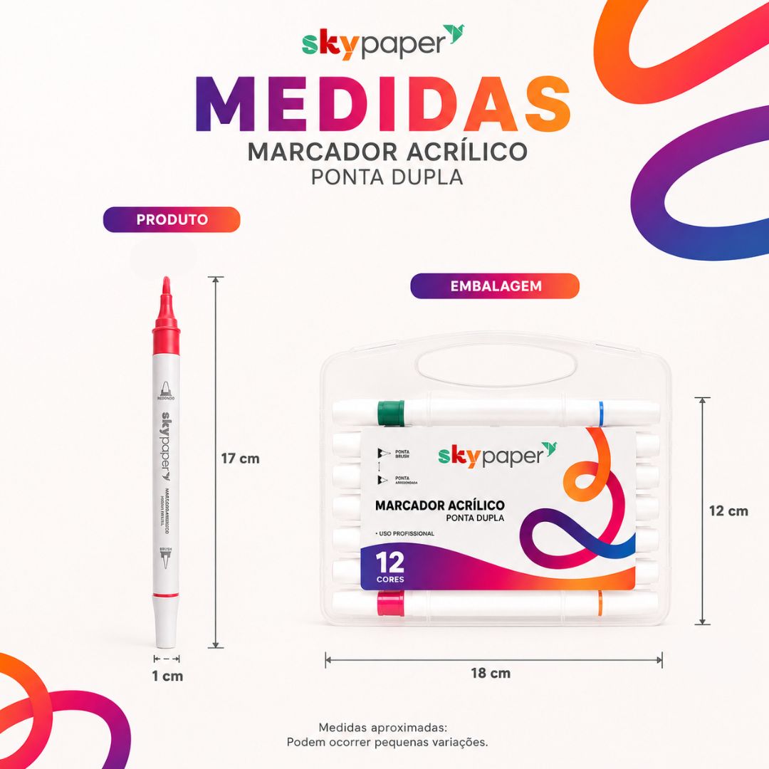 Caneta Acrílica Ponta Dupla 12 Cores Material Escolar Volta Aulas Estudo Desenho Organização Colorir Ilustração - Imagem 6