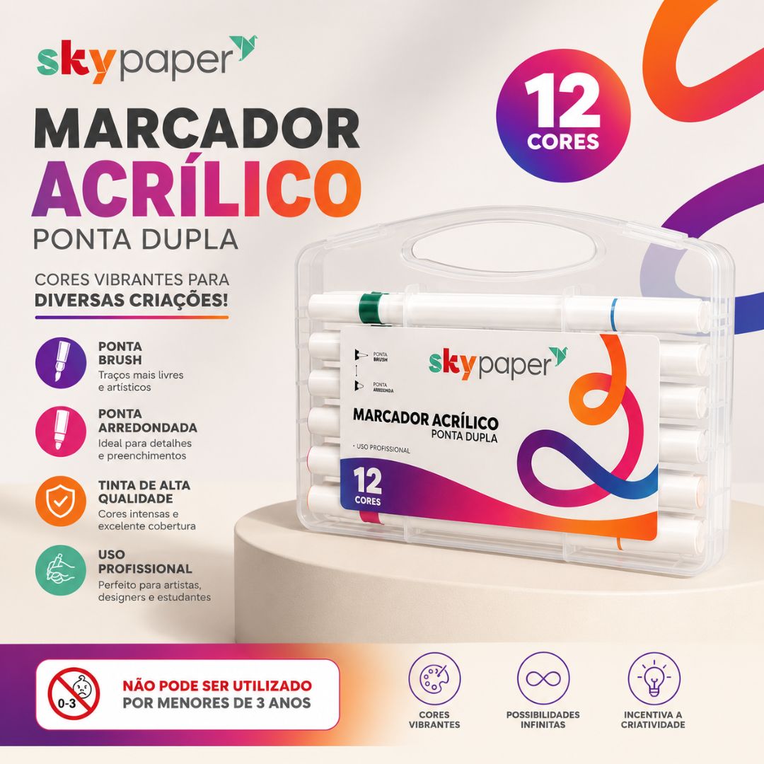 Caneta Acrílica Ponta Dupla 12 Cores Material Escolar Volta Aulas Estudo Desenho Organização Colorir Ilustração - Imagem 3
