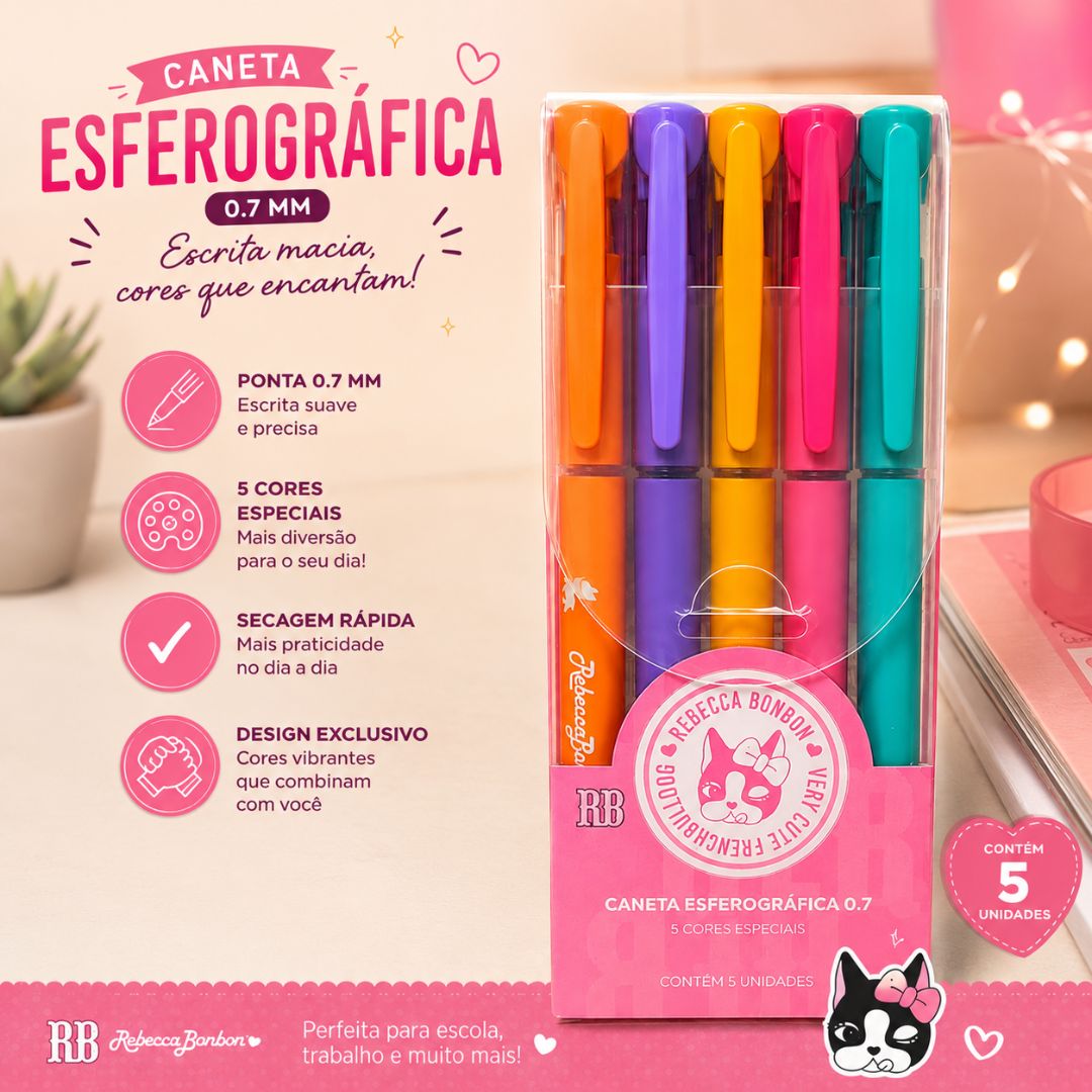 Caneta Esferográfica 0.7 Rebecca Bonbon 5 Cores Escolar Coloridas Desenho Estudo Ilustração Escrever Volta Aulas - Imagem 2