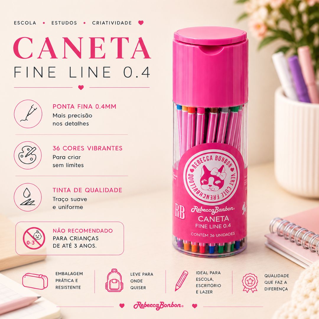 Caneta Fine Line 0.4 Rebecca Bonbon Pote c/ 36 Cores Escolar Volta Aulas Estudo Desenho Ilustração Coloridas Organização - Imagem 3