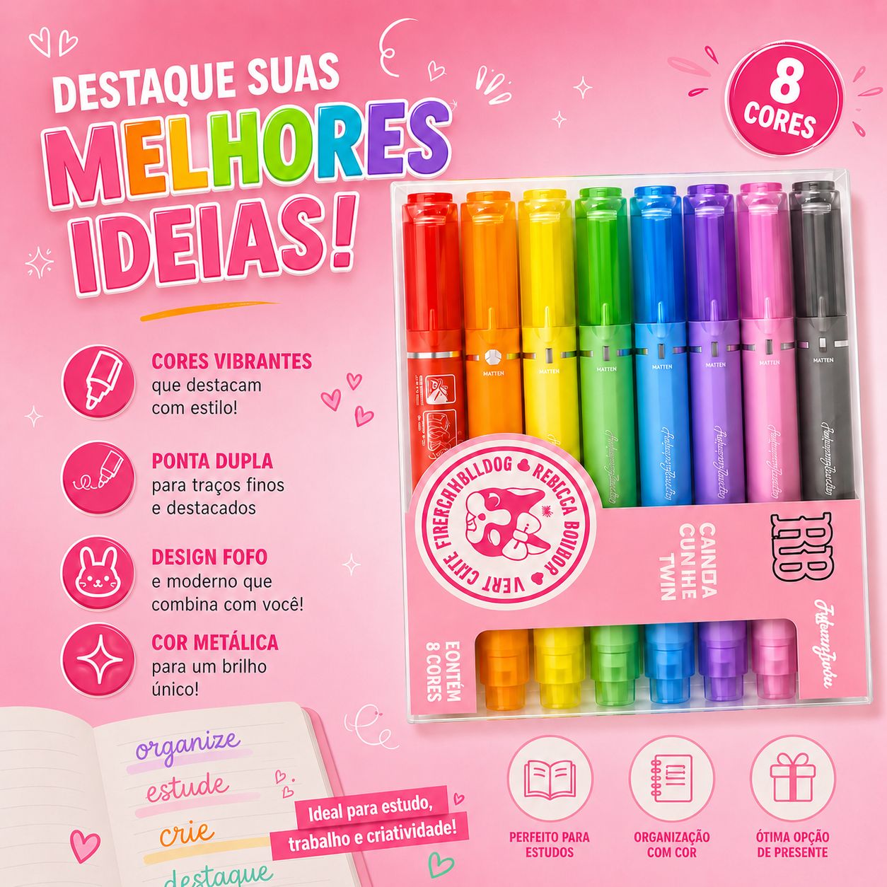Caneta Outline Twin Rebecca Bonbon Ponta Dupla 8 Cores Coloridas Escolar Desenho Estudo Ilustração Criativo Volta Aulas - Imagem 2