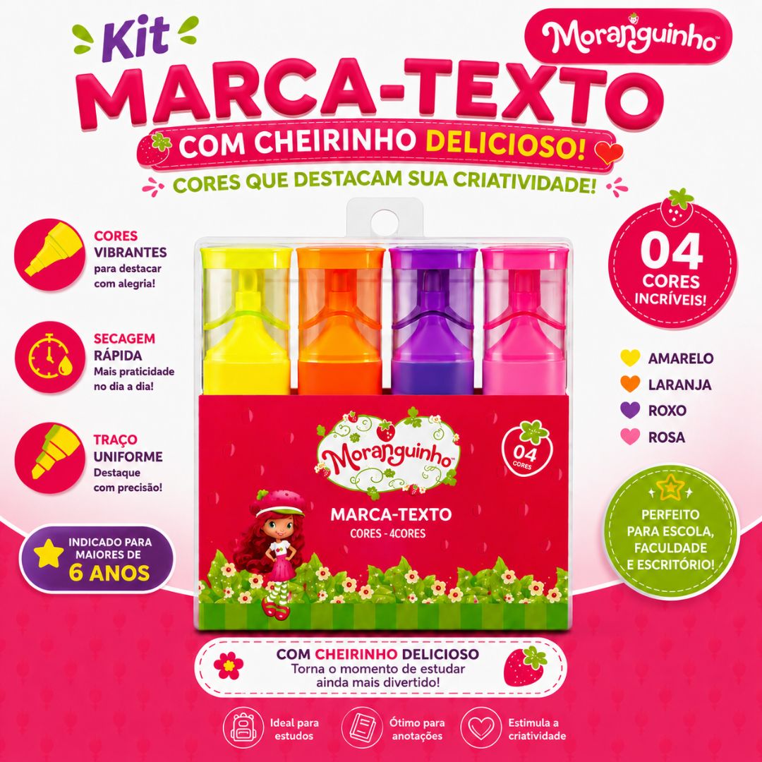 Marca Texto c/ Cheirinho 4 Cores Amarelo Laranja Roxo Rosa Moranguinho Escolar Desenho Estudo Volta Aulas - Imagem 3
