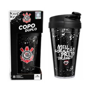Copo Viagem Duplo Corinthians Com Tampa 450ml Meu Coração Preto Branco Bebidas Presente Torcedor Timão Futebol Pai Amigo