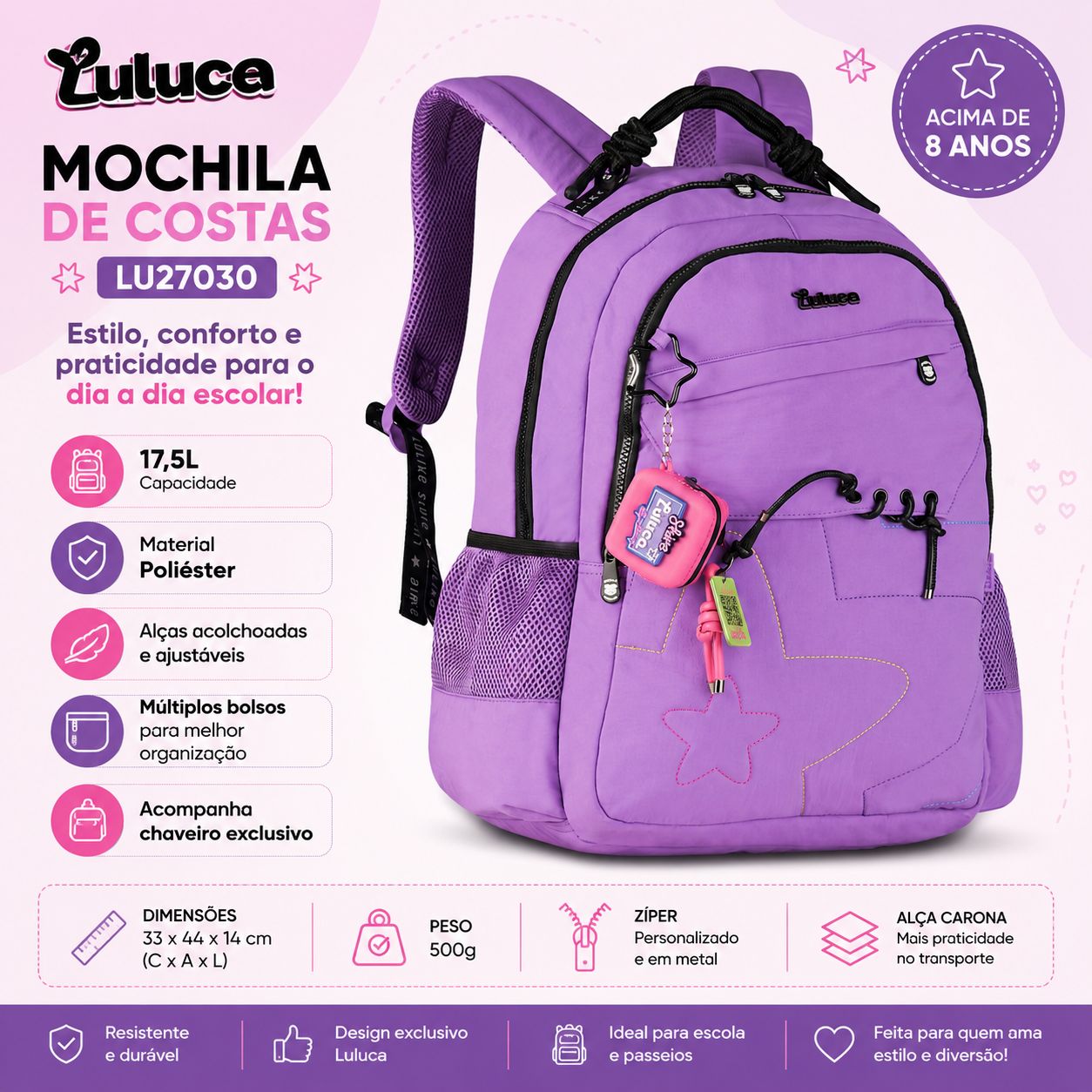 Mochila de Costas Luluca Preta Feminina Juvenil Escolar Volta as Aulas Espaçosa Resistente Youtuber - Imagem 5