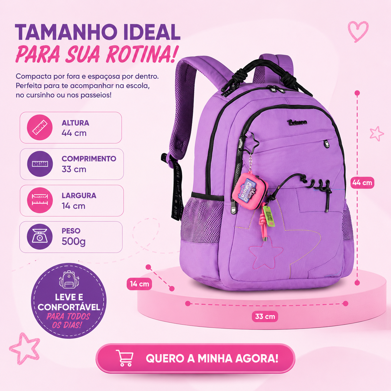 Mochila de Costas Luluca Preta Feminina Juvenil Escolar Volta as Aulas Espaçosa Resistente Youtuber - Imagem 6