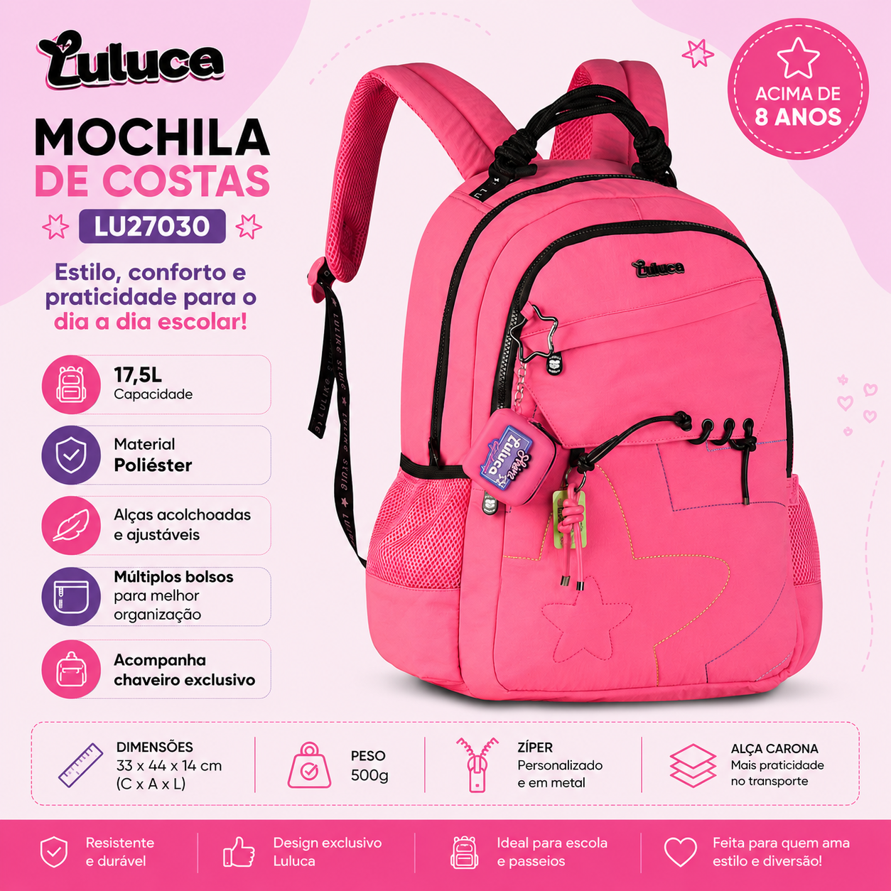 Mochila de Costas Luluca Preta Feminina Juvenil Escolar Volta as Aulas Espaçosa Resistente Youtuber - Imagem 8