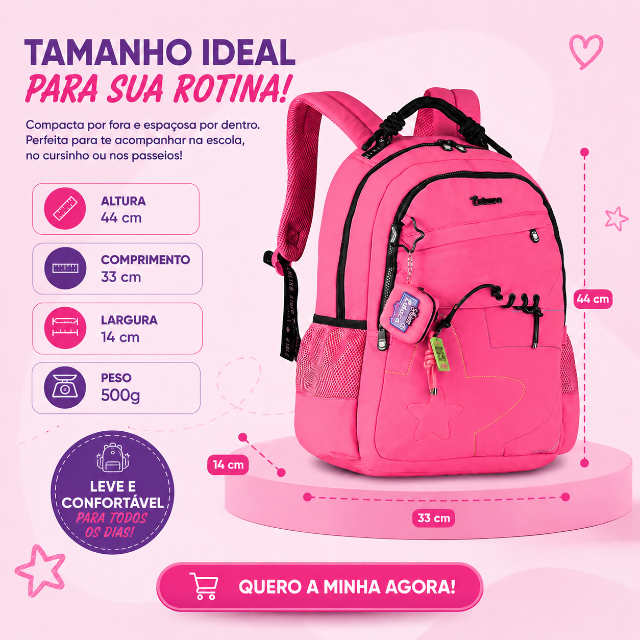 Mochila de Costas Luluca Preta Feminina Juvenil Escolar Volta as Aulas Espaçosa Resistente Youtuber - Imagem 9