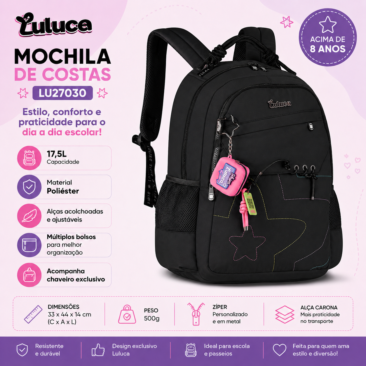Mochila de Costas Luluca Preta Feminina Juvenil Escolar Volta as Aulas Espaçosa Resistente Youtuber - Imagem 2