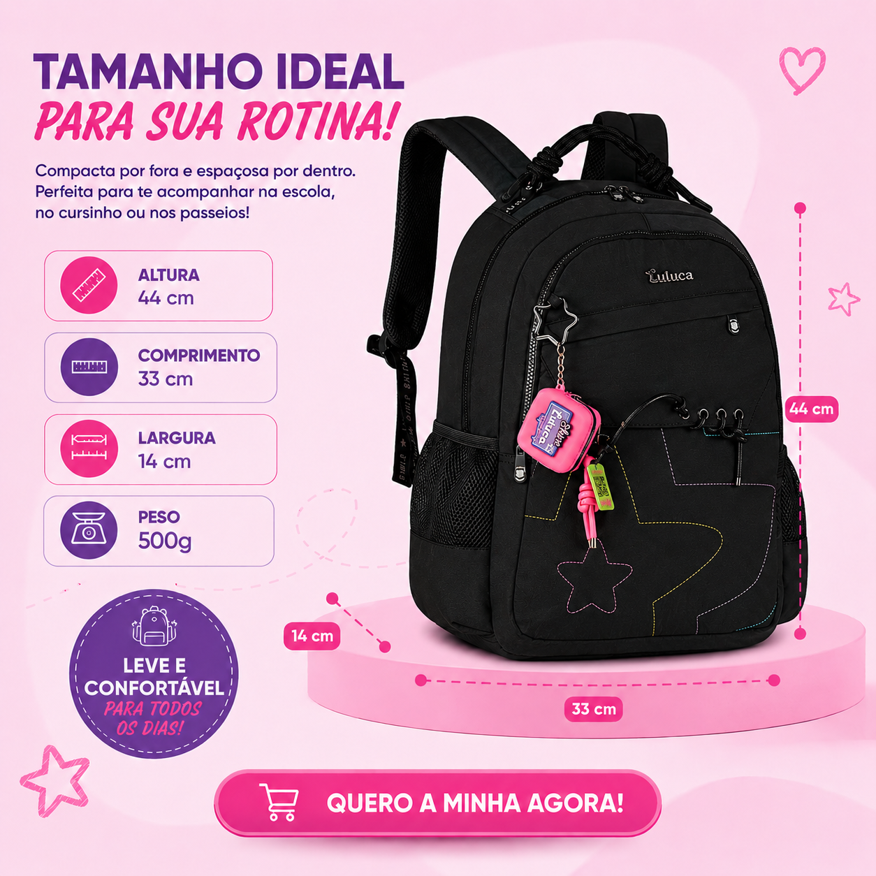 Mochila de Costas Luluca Preta Feminina Juvenil Escolar Volta as Aulas Espaçosa Resistente Youtuber - Imagem 3