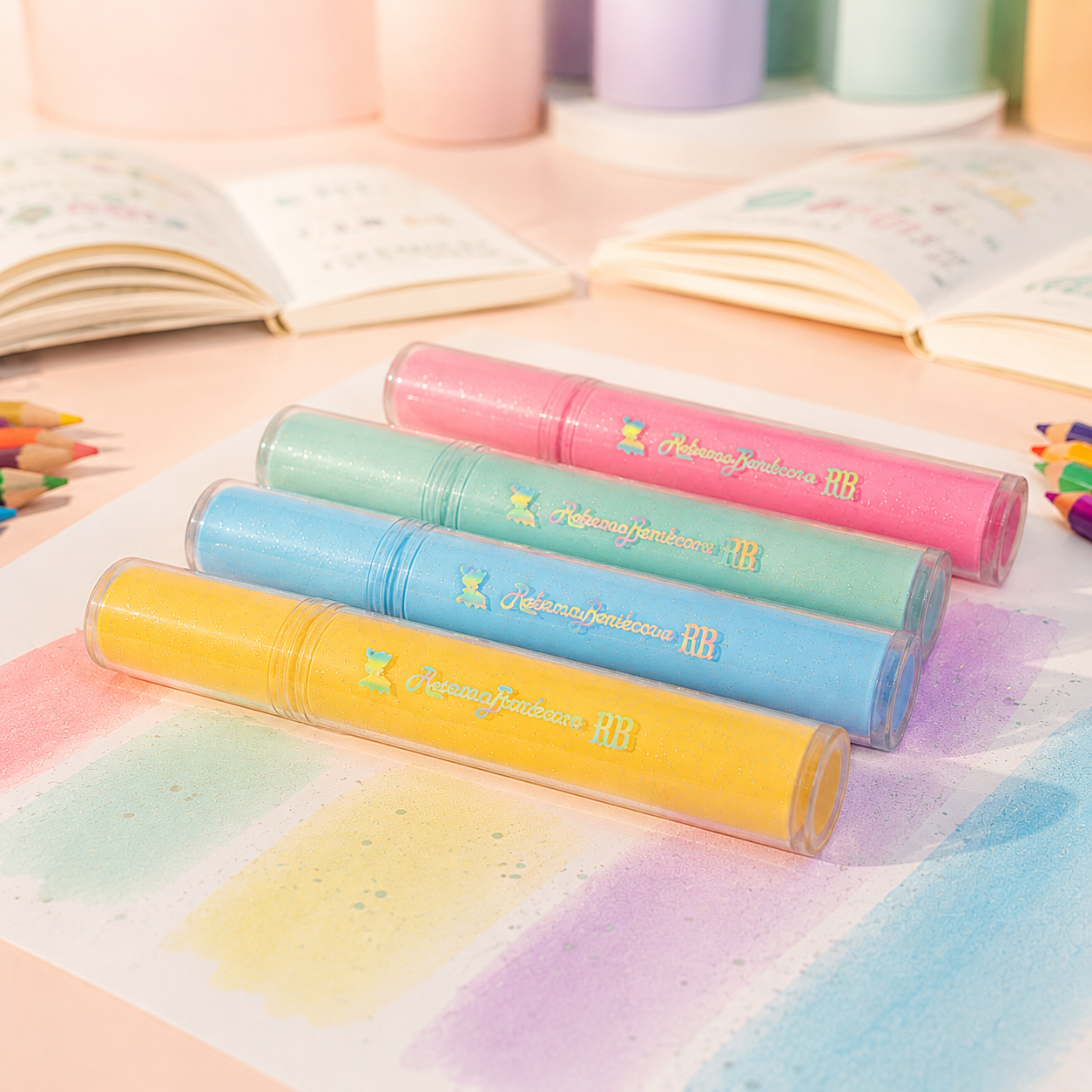 Marca Texto c/ Glitter 4 Cores Pastel Amarelo Azul Verde Água Rosa Rebecca Bonbon Escolar Desenho Estudo Volta Aulas - Imagem 4