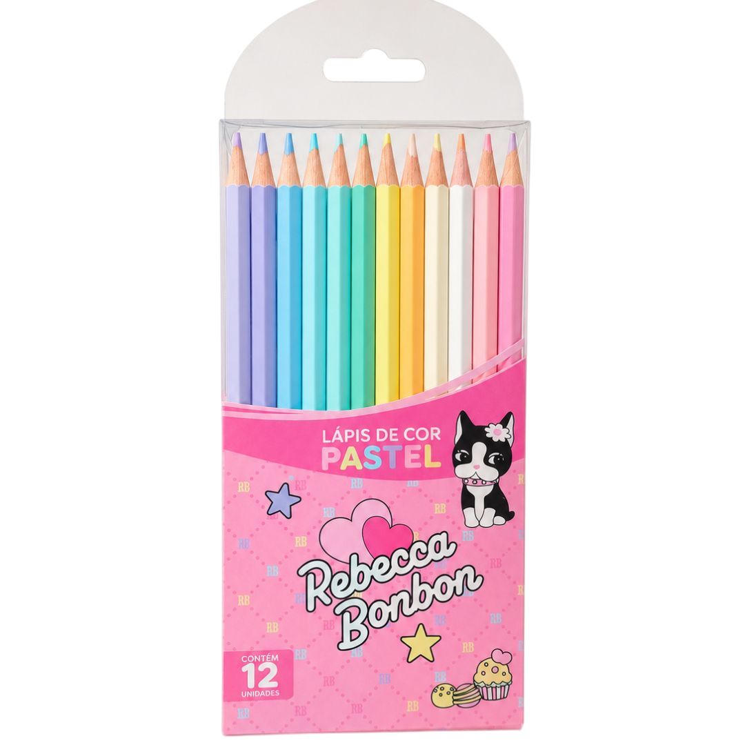 Lápis de Cor Rebecca Bonbon 12 Cores Pastel Escolar Volta Aulas Estudo Desenho Colorido Artes Pintar Colorir