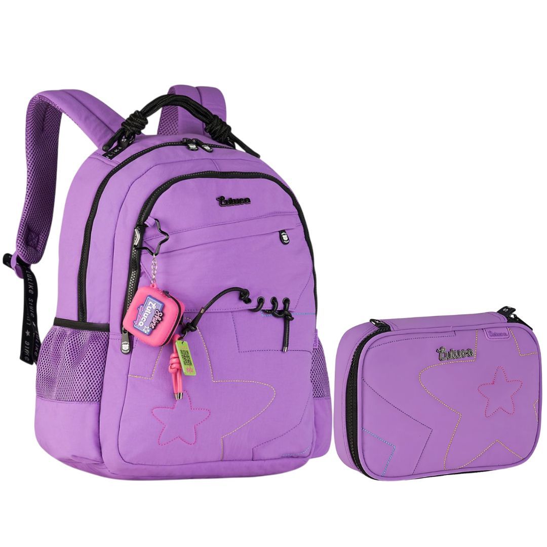 Kit Mochila de Costas Estojo Box Lilás Luluca Feminina Juvenil Escolar Volta Aulas Resistente Youtuber
