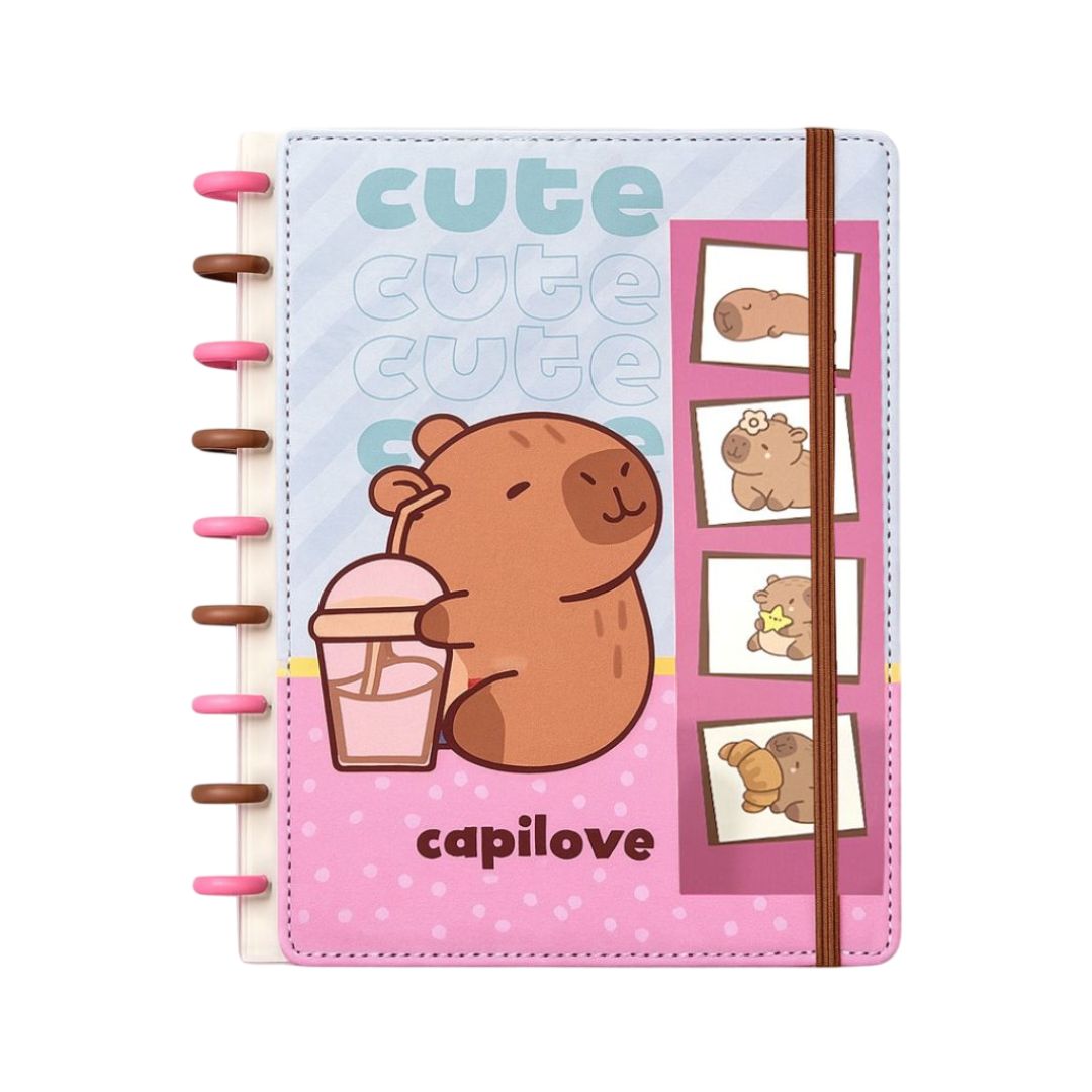 Caderno de Disco Inteligente Capivara C/ Elástico Escolar Volta Aulas Estudos Anotações Fofo Refilável Organização - Imagem 2