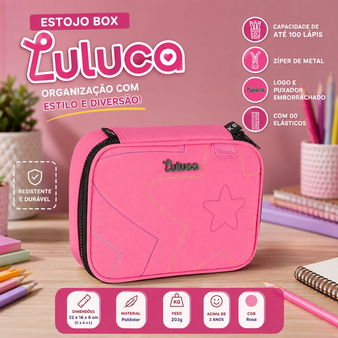 Kit Mochila de Costas Estojo Box Rosa Luluca Feminina Juvenil Escolar Volta Aulas Resistente Youtuber - Imagem 3