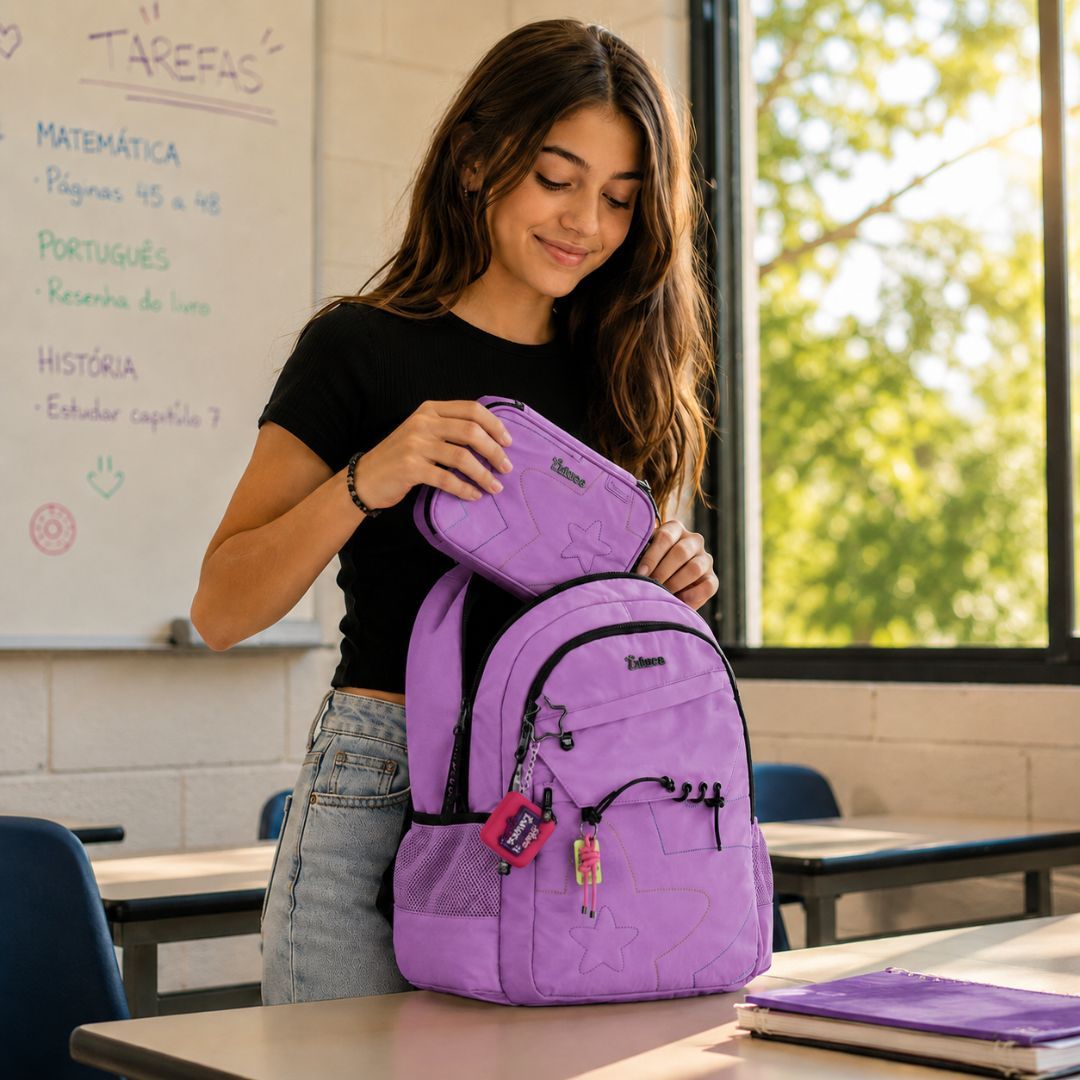 Kit Mochila de Costas Estojo Box Lilás Luluca Feminina Juvenil Escolar Volta Aulas Resistente Youtuber - Imagem 4