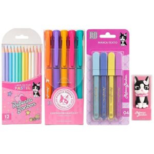 Kit Lápis de Cor Apontador 3D Cachorrinho Caneta Esferográfica Marca Texto Rebecca Bonbon Escolar Volta Aulas