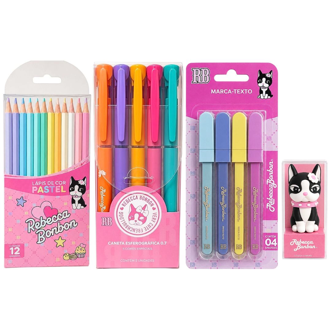 Kit Lápis de Cor Apontador 3D Cachorrinho Caneta Esferográfica Marca Texto Rebecca Bonbon Escolar Volta Aulas