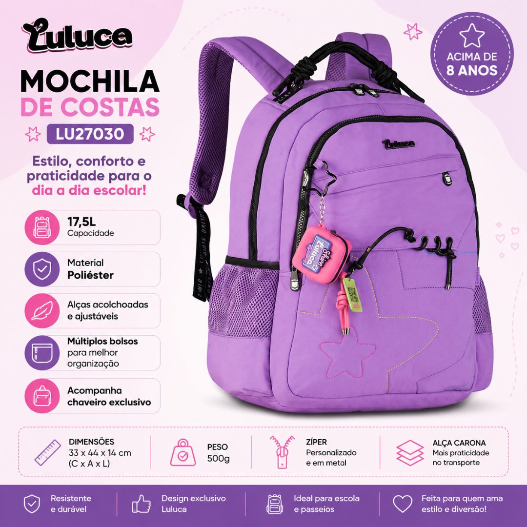 Kit Mochila de Costas Estojo Box Lilás Luluca Feminina Juvenil Escolar Volta Aulas Resistente Youtuber - Imagem 2