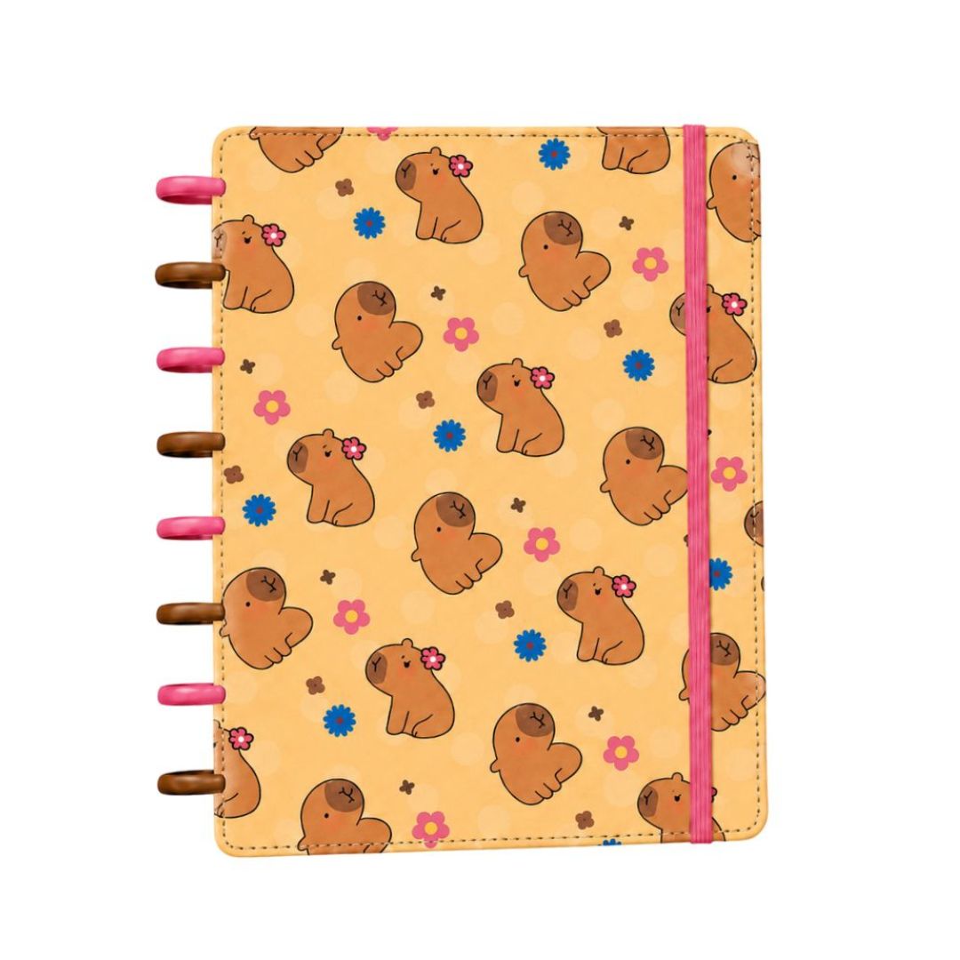 Caderno de Disco Inteligente Capivara C/ Elástico Escolar Volta Aulas Estudos Anotações Fofo Refilável Organização - Imagem 5