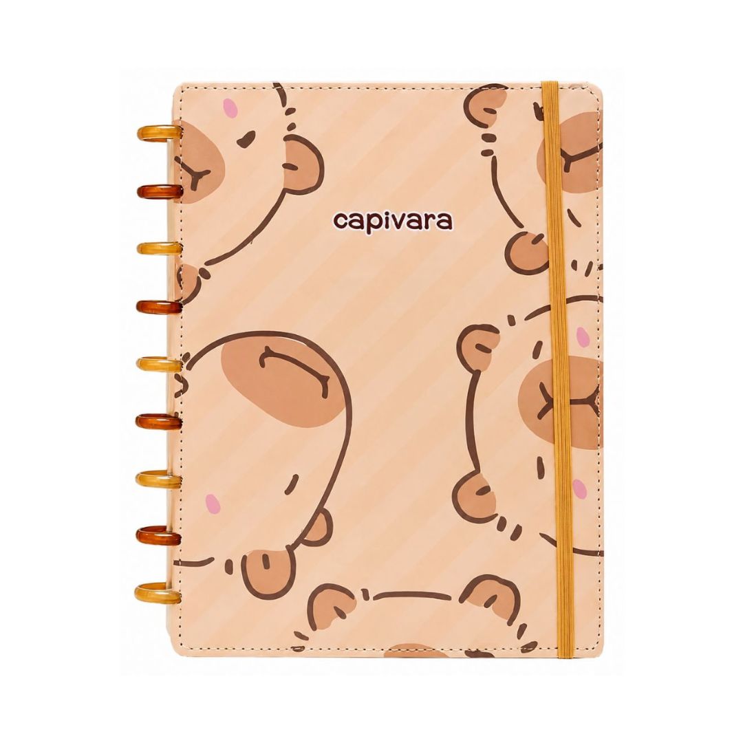 Caderno de Disco Inteligente Capivara C/ Elástico Escolar Volta Aulas Estudos Anotações Fofo Refilável Organização - Imagem 4