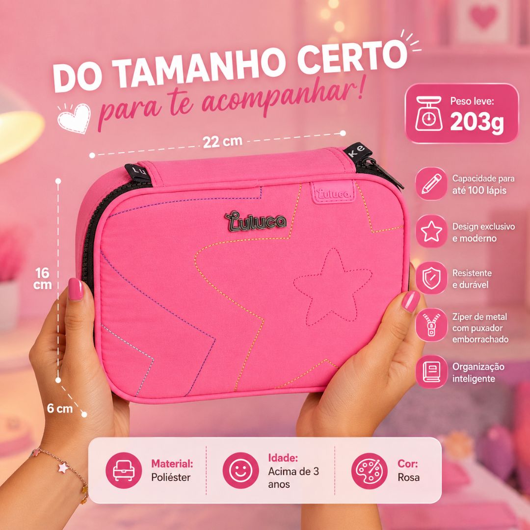 Kit Mochila de Costas Estojo Box Rosa Luluca Feminina Juvenil Escolar Volta Aulas Resistente Youtuber - Imagem 8