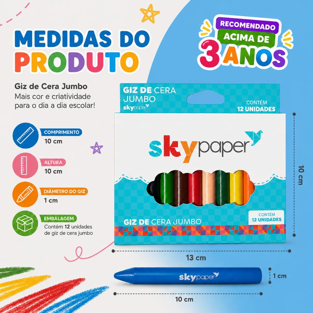Giz de Cera Jumbo 12 Cores Colorido Infantil Escolar Volta Aulas Estudo Desenho Colorir Pintar - Imagem 3
