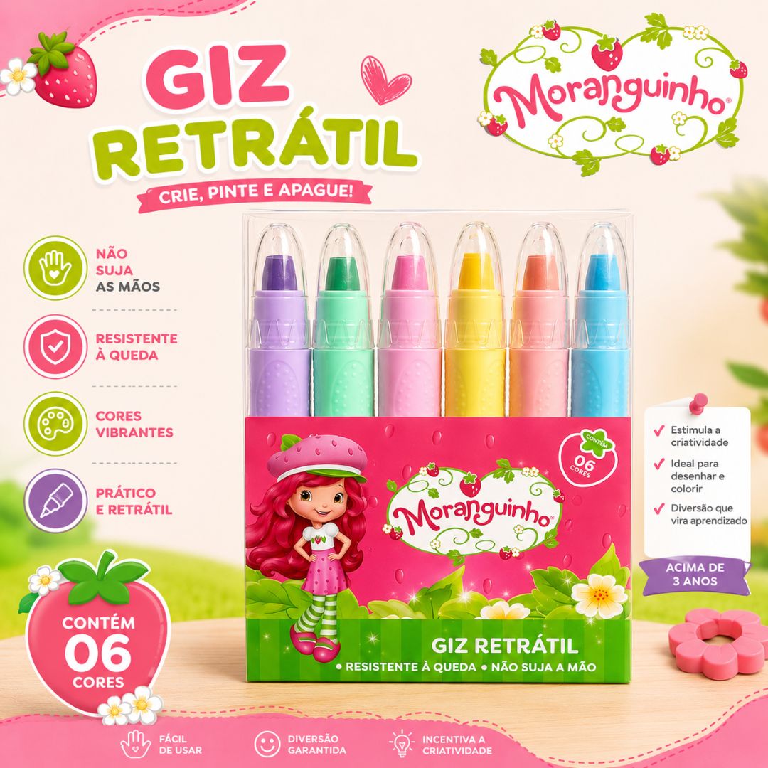 Giz de Cera Retrátil Moranguinho 6 Cores Escolar Desenho Colorir Estudo Volta Aulas Ilustração Criativo - Imagem 3