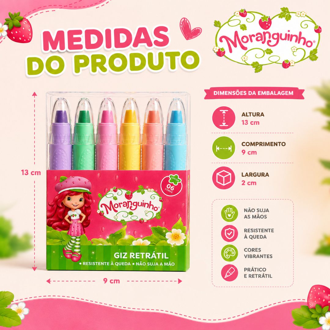 Giz de Cera Retrátil Moranguinho 6 Cores Escolar Desenho Colorir Estudo Volta Aulas Ilustração Criativo - Imagem 6