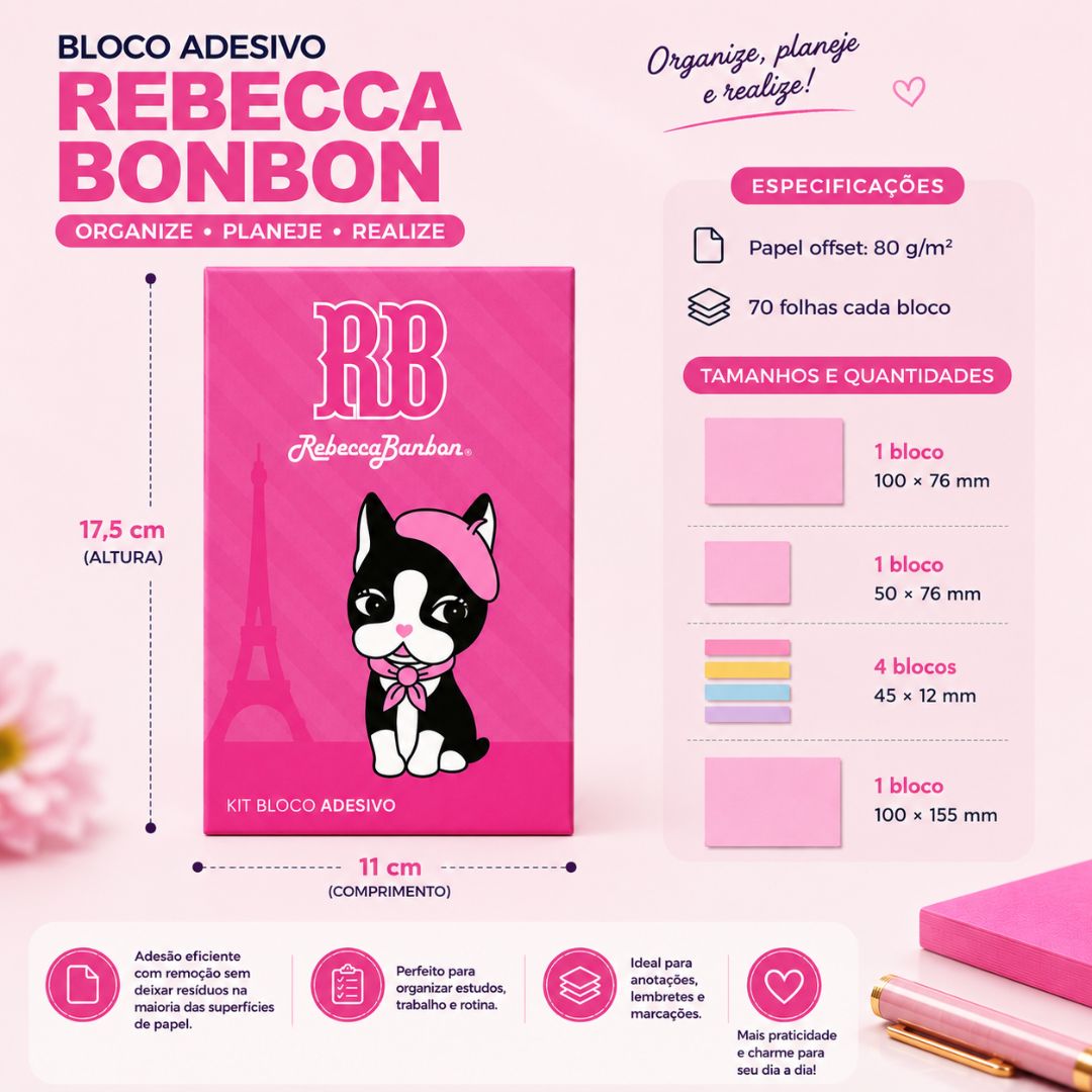 Kit Bloco Adesivo 07 Unidades Rebecca Bonbon Post-it Escolar Volta Aulas Anotações Escrever Organização - Imagem 5