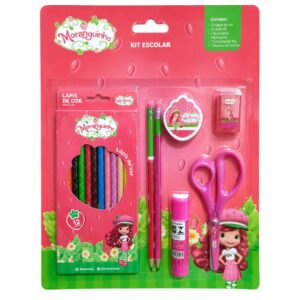 Kit Escolar Moranguinho Blister c/ 7 Peças Volta as Aulas Tesoura Cola Lápis de Cor Escrever Borracha Apontador Menina D